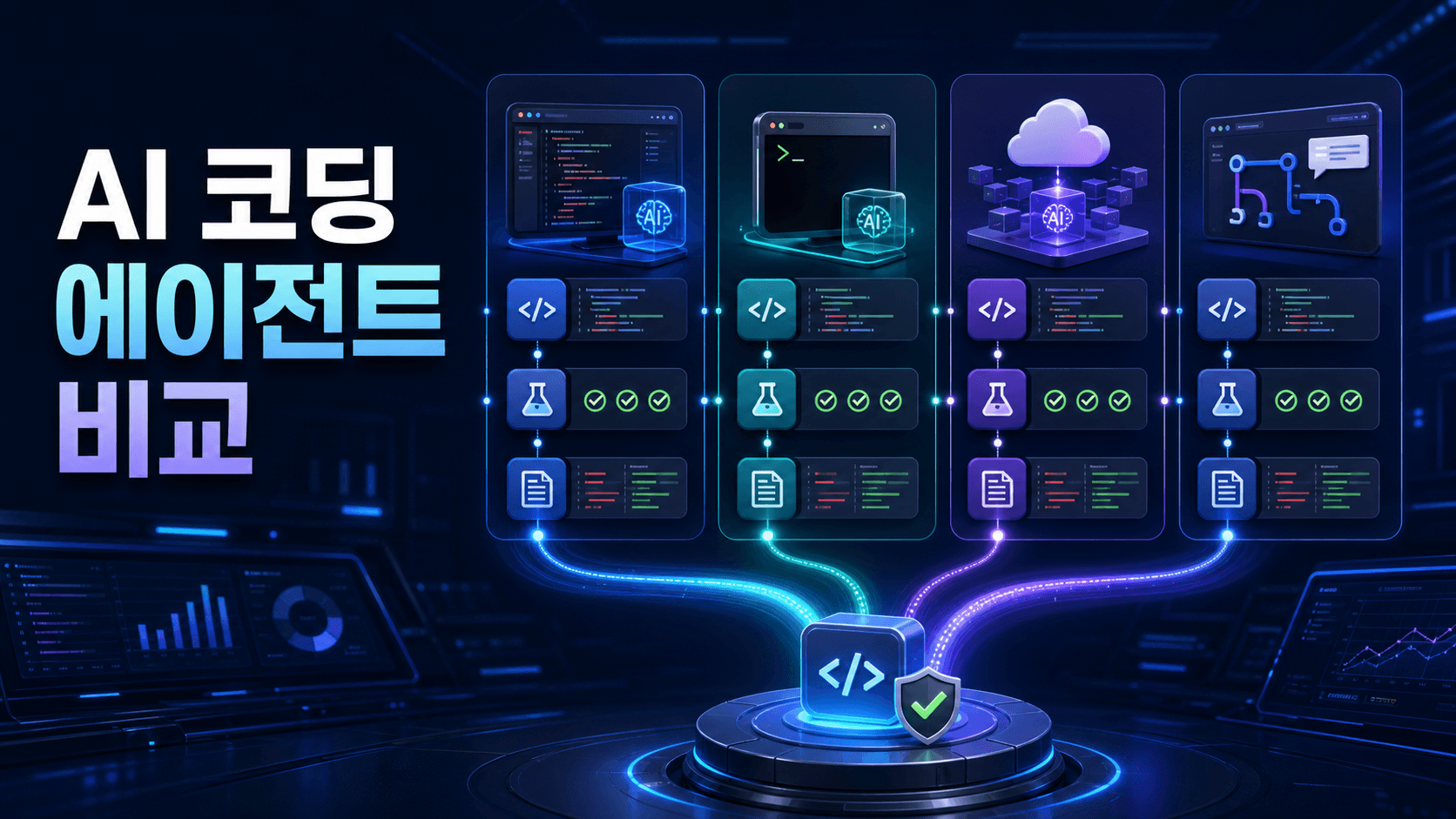 에디터·터미널·클라우드·풀 리퀘스트 기반 AI 코딩 에이전트가 코드 수정과 테스트를 거쳐 검증된 빌드로 연결되는 비교 썸네일