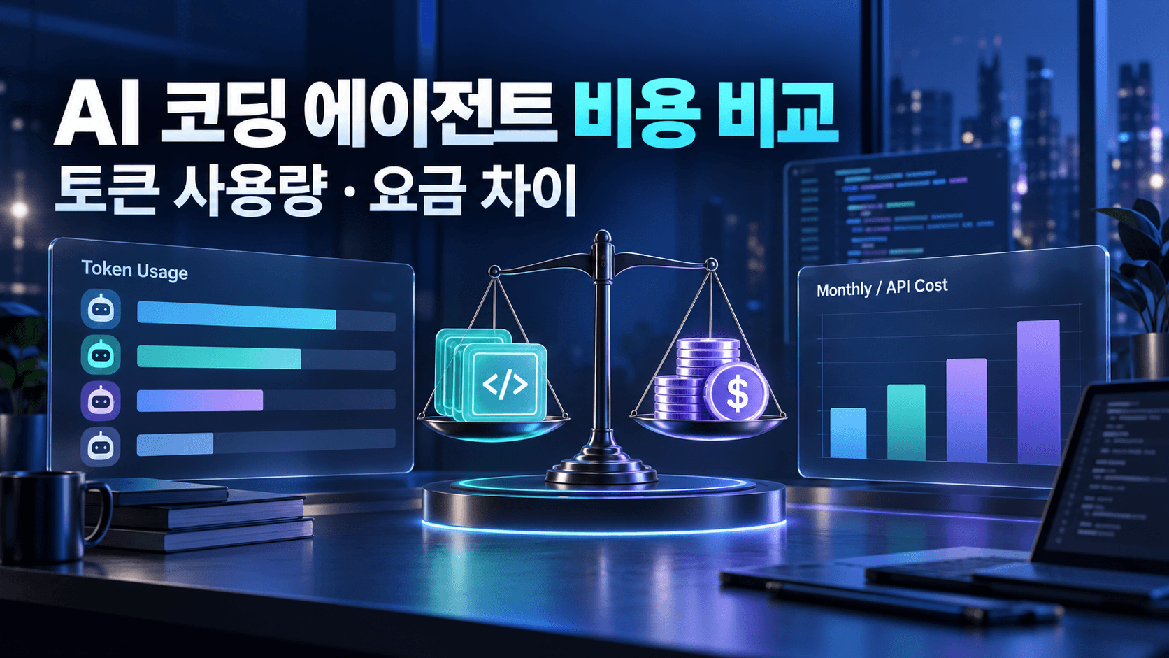 AI 코딩 에이전트의 토큰 사용량과 월 구독·API 비용을 저울과 비교 그래프로 표현한 2026년 가격 비교 썸네일