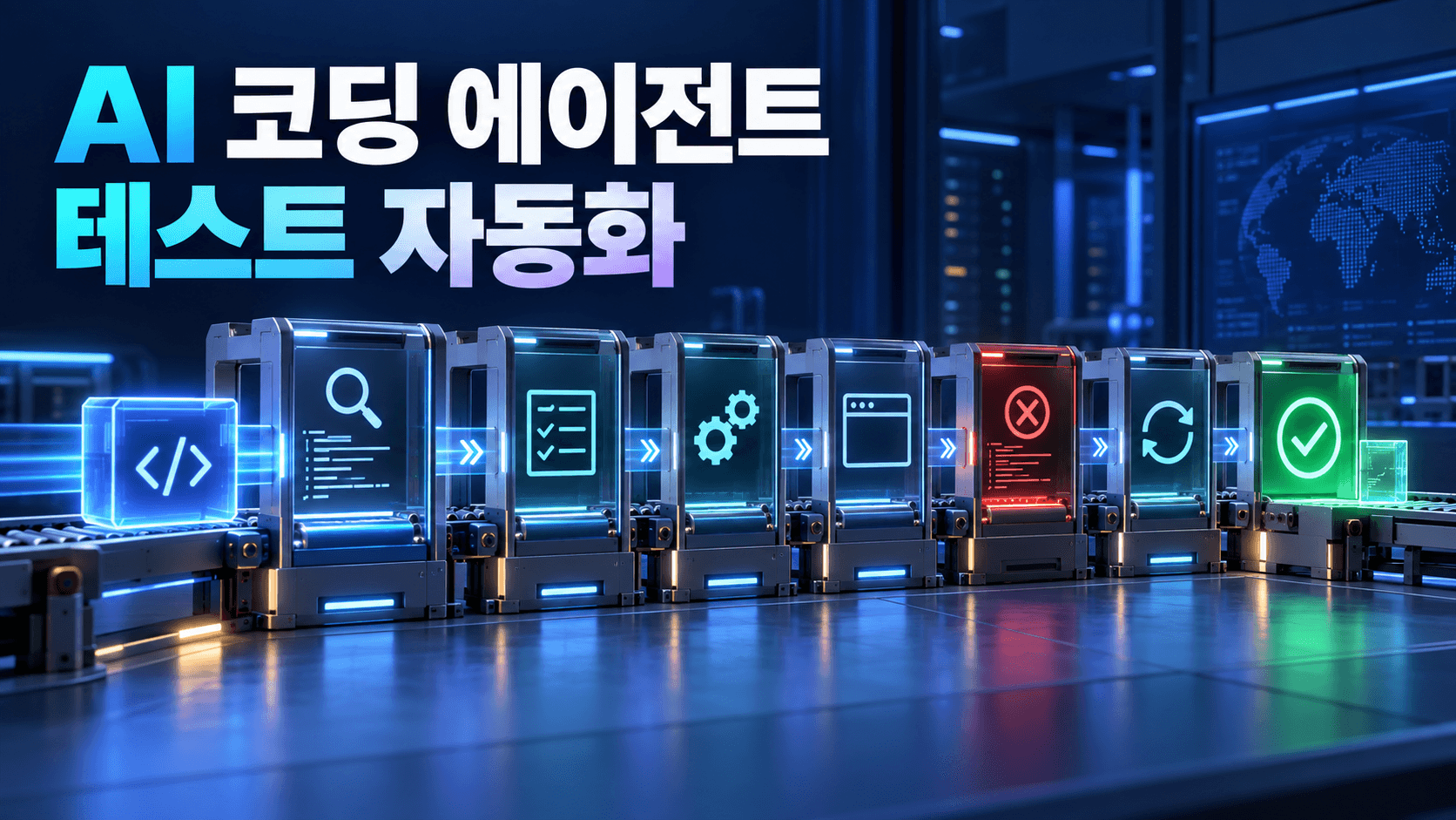 AI 코딩 에이전트가 코드 정적 분석, 단위·통합·브라우저 테스트, 실패 재현과 최종 검증을 자동화하는 과정을 표현한 썸네일