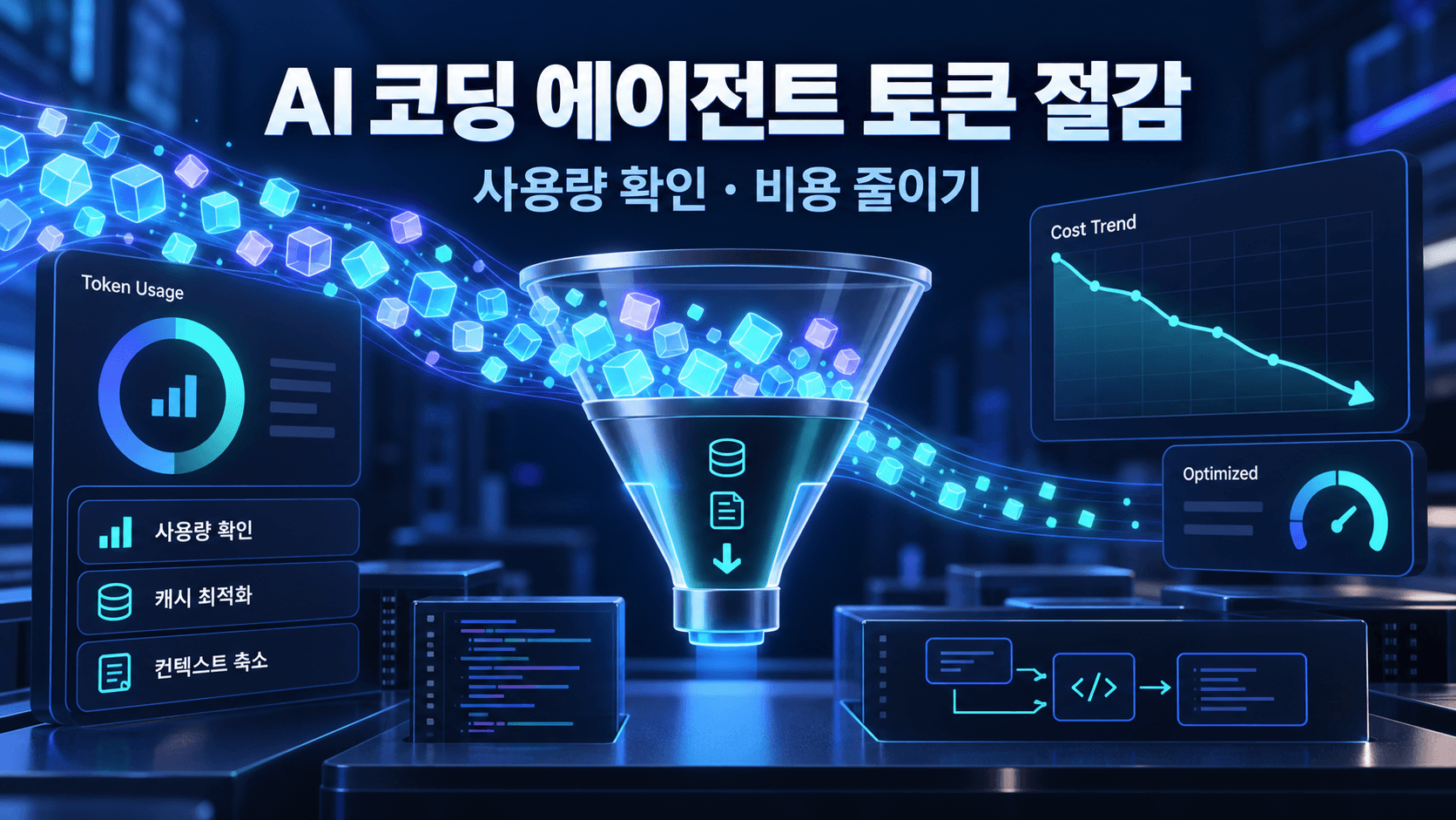 AI 코딩 에이전트의 토큰 사용량을 확인하고 캐시·컨텍스트를 최적화해 비용을 줄이는 흐름을 표현한 썸네일