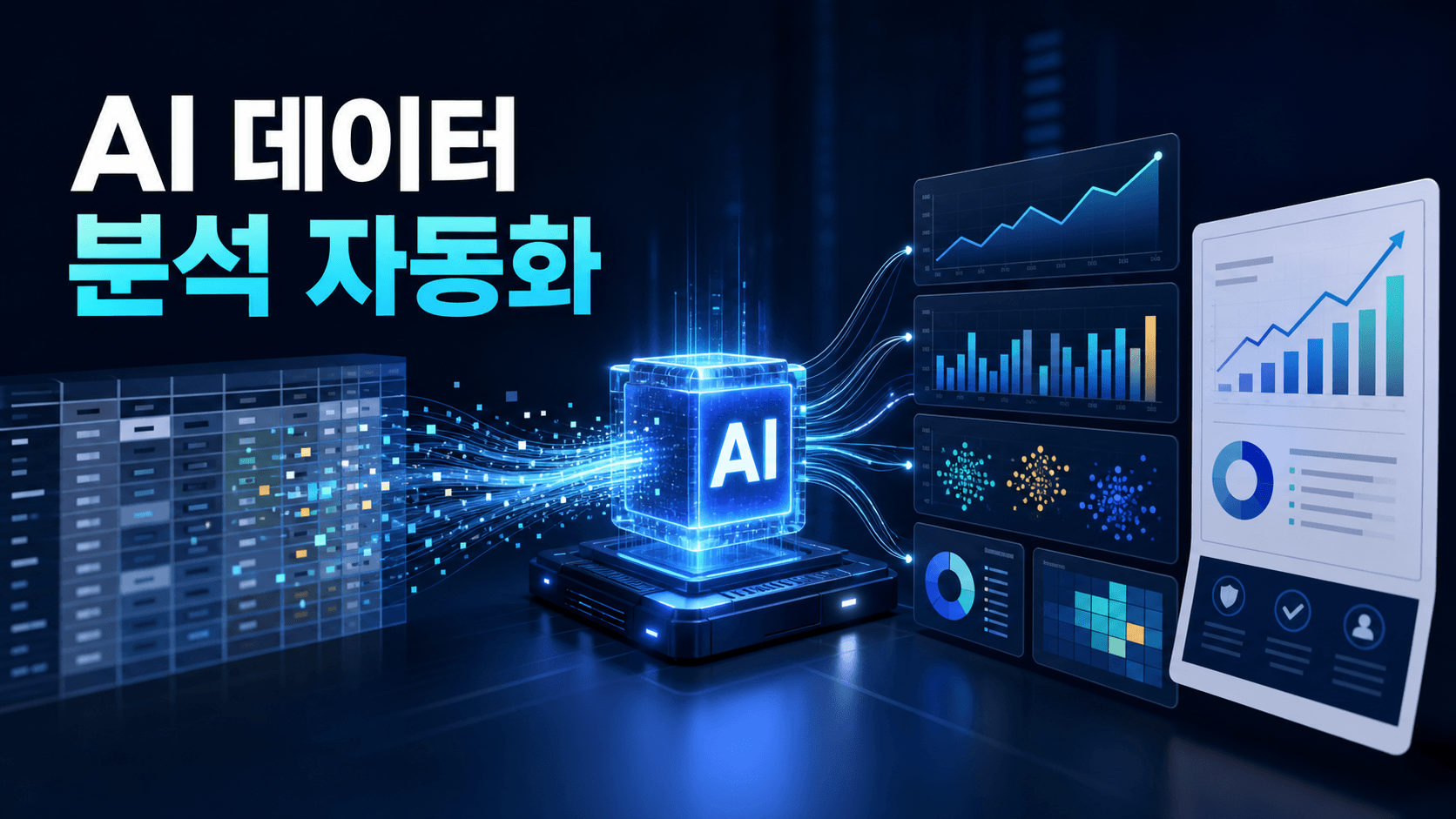 엑셀 원본 데이터가 AI 분석을 거쳐 추세, 이상치, 세그먼트 차트와 인사이트 보고서로 변환되는 과정을 표현한 썸네일