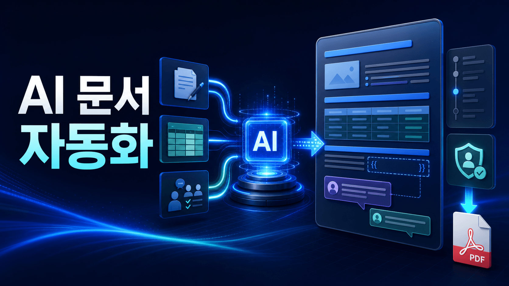 메모, 표와 회의 실행 항목이 AI를 거쳐 고정 템플릿의 반복 보고서로 조립되고 사람 검수 후 PDF로 출력되는 과정을 표현한 썸네일