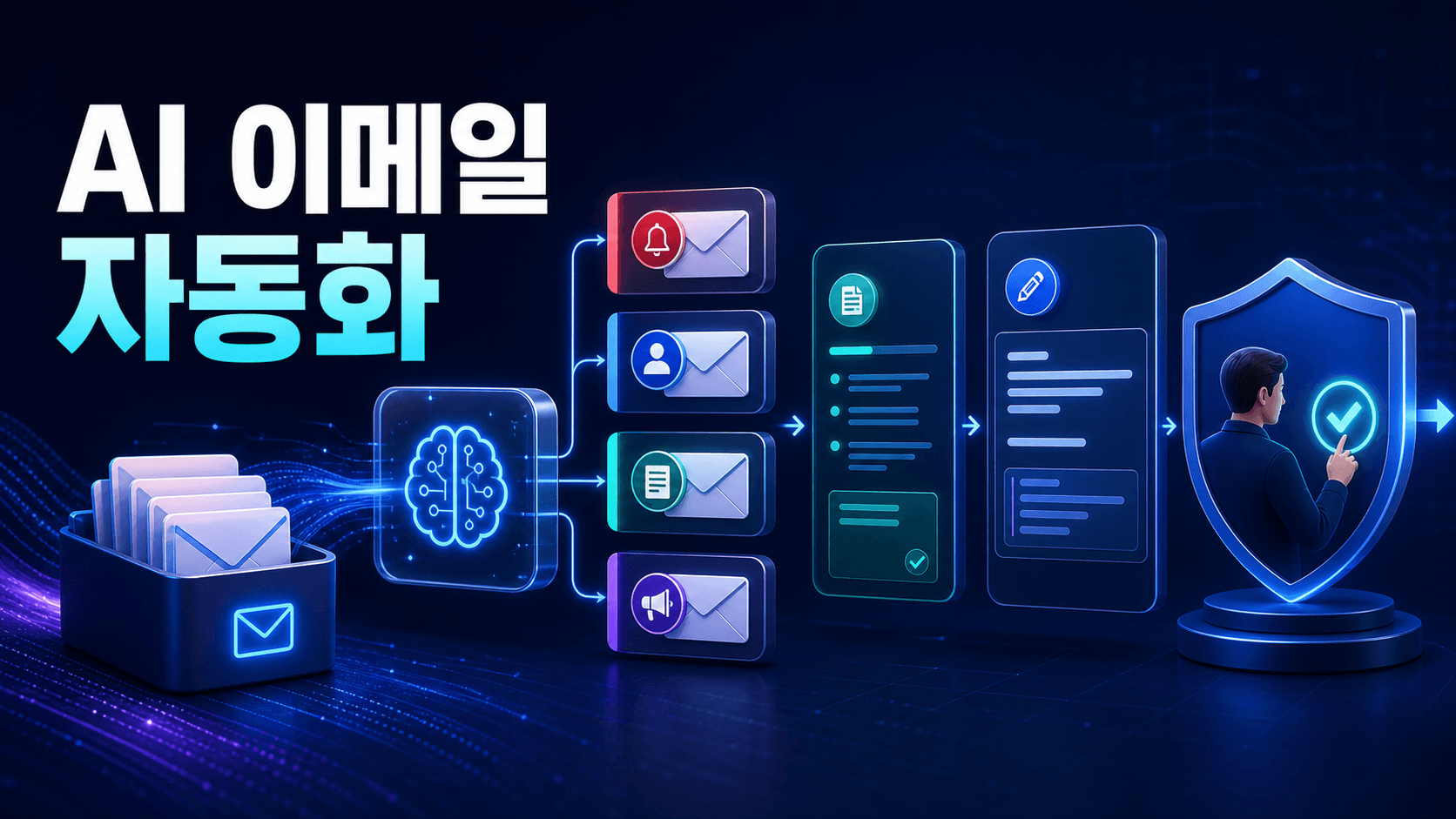 받은 이메일이 AI로 긴급·고객·문서·뉴스레터로 분류되고 핵심 정보와 답장 초안을 만든 뒤 사람이 승인하는 흐름을 표현한 썸네일