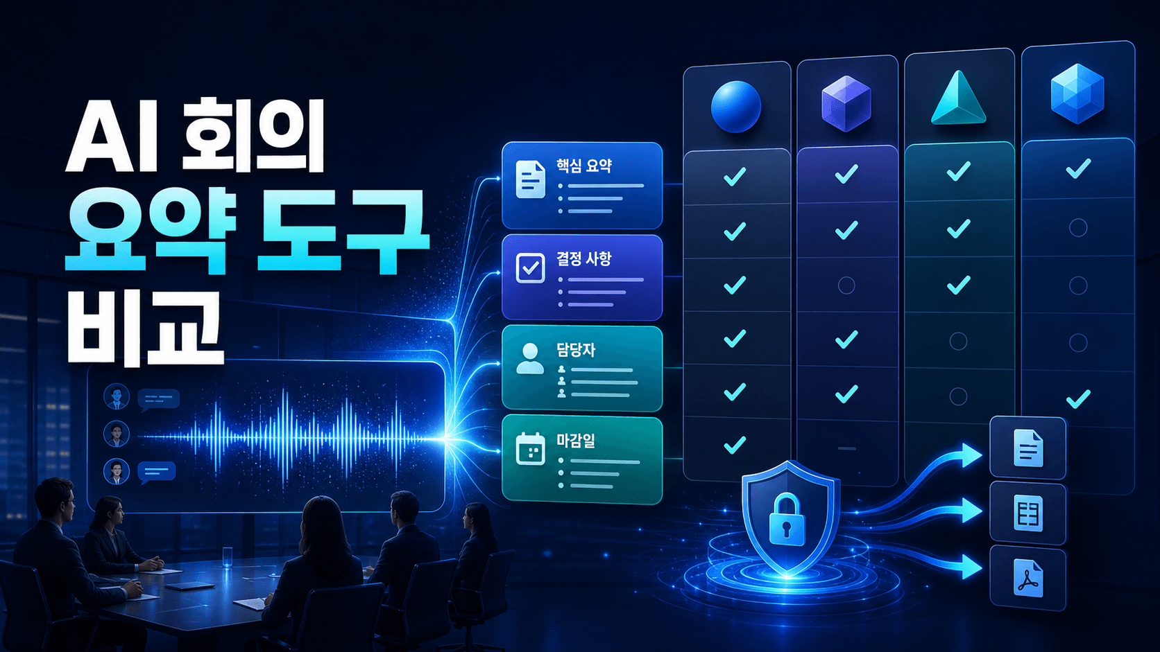 한국어 회의 음성이 핵심 요약, 결정 사항, 담당자와 마감일로 정리되고 여러 AI 회의록 도구의 기능을 비교하는 썸네일