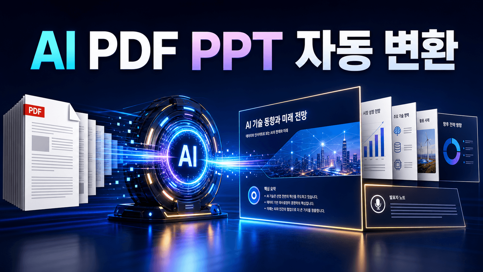 여러 PDF 문서 페이지가 AI 변환 과정을 거쳐 핵심 요약, 차트와 발표자 노트가 포함된 PPT 슬라이드로 만들어지는 모습을 표현한 썸네일