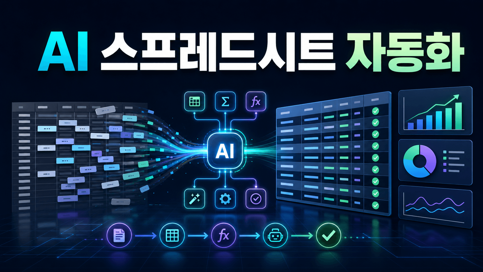 복잡한 스프레드시트 데이터가 AI 자동화를 거쳐 수식, 정돈된 표와 분석 대시보드로 변환되는 모습을 표현한 썸네일