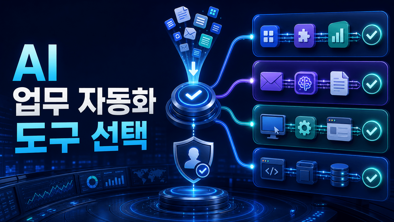 이메일과 문서, 앱 연동, 브라우저·데스크톱, 개발자 워크플로 중 적합한 AI 업무 자동화 도구를 선택하는 과정을 표현한 썸네일