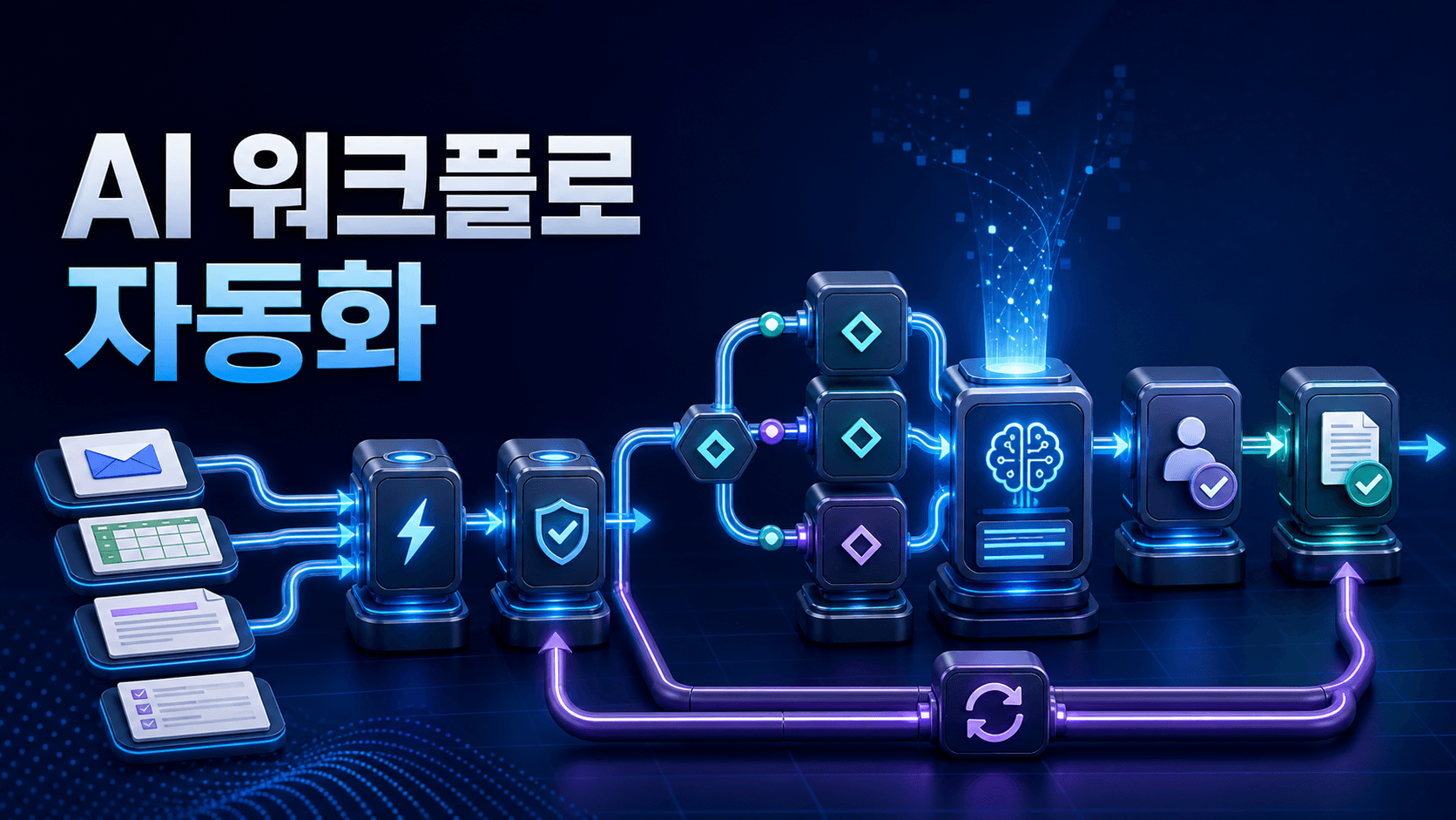이메일, 표, 문서와 폼 입력이 검증·분기·AI 처리·사람 승인·업무 실행·로그와 재시도를 거쳐 완료되는 AI 워크플로 자동화 썸네일