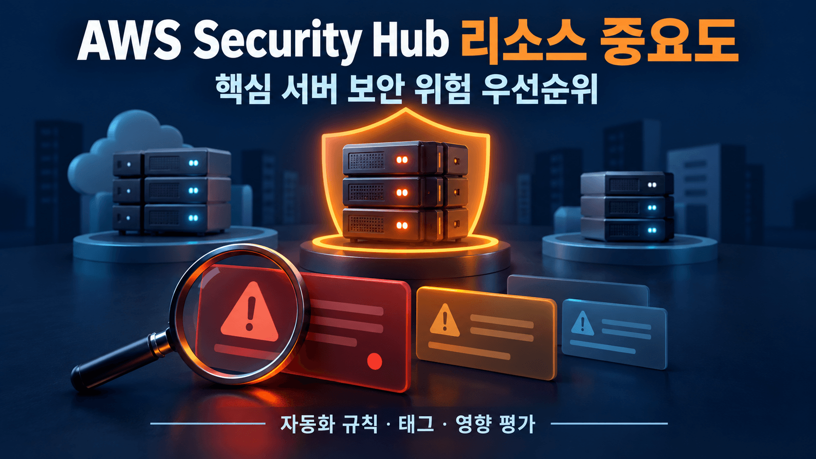 핵심 업무 서버를 강조하고 보안 위험 카드를 우선순위로 정렬한 AWS Security Hub 중요도 개념 이미지