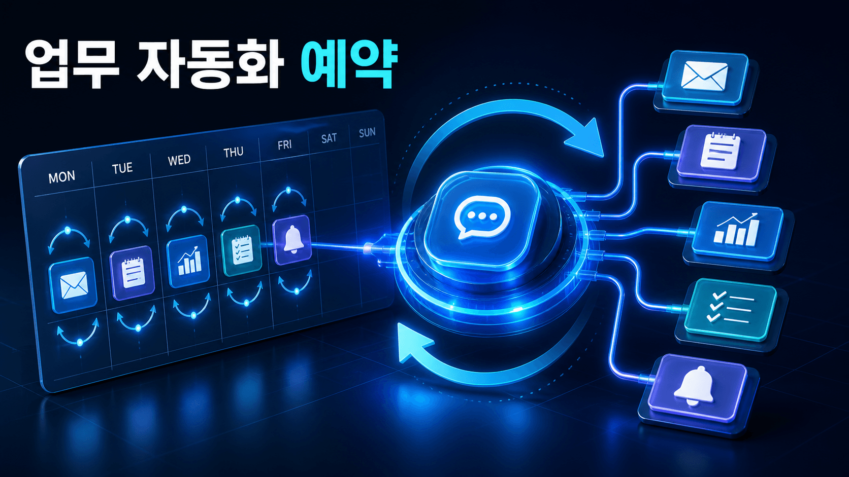주간 달력에서 이메일 요약, 회의 노트, KPI 보고서와 체크리스트가 반복 실행되는 ChatGPT 업무 자동화 콘셉트 썸네일