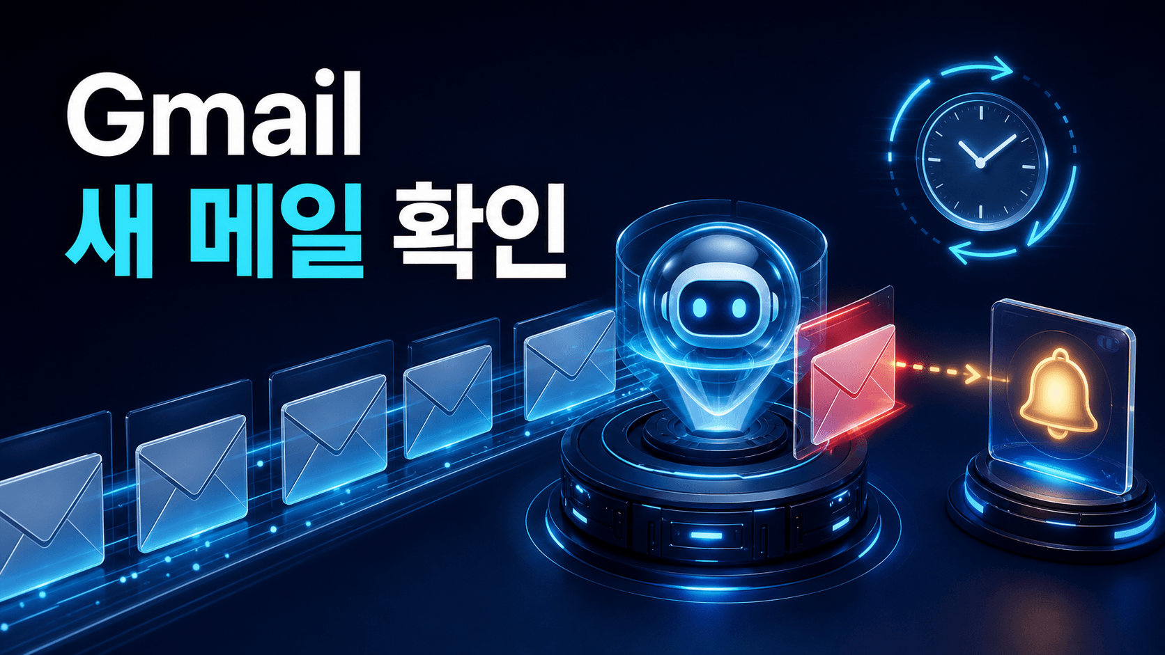 AI가 예약된 시각마다 받은편지함을 확인해 중요한 새 메일을 선별하고 알림을 보내는 Gmail 모니터링 콘셉트 썸네일