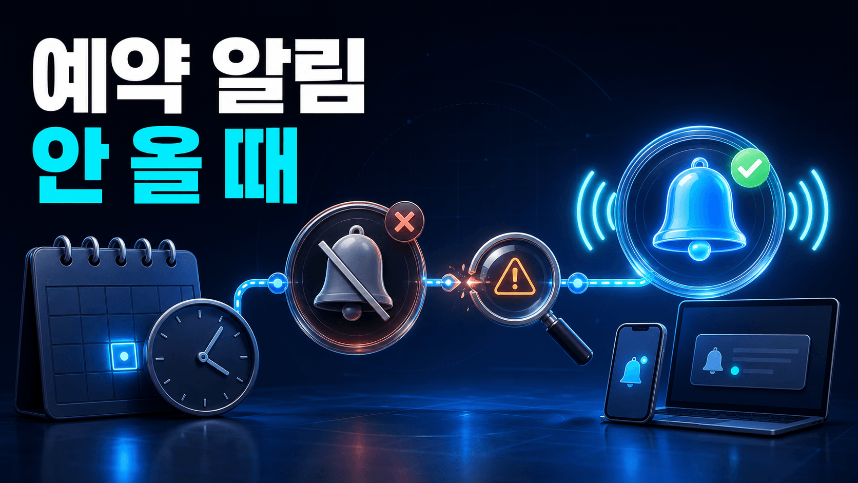 차단된 예약 알림 원인을 진단해 모바일과 브라우저 알림을 다시 활성화하는 과정을 표현한 IT 매거진 썸네일