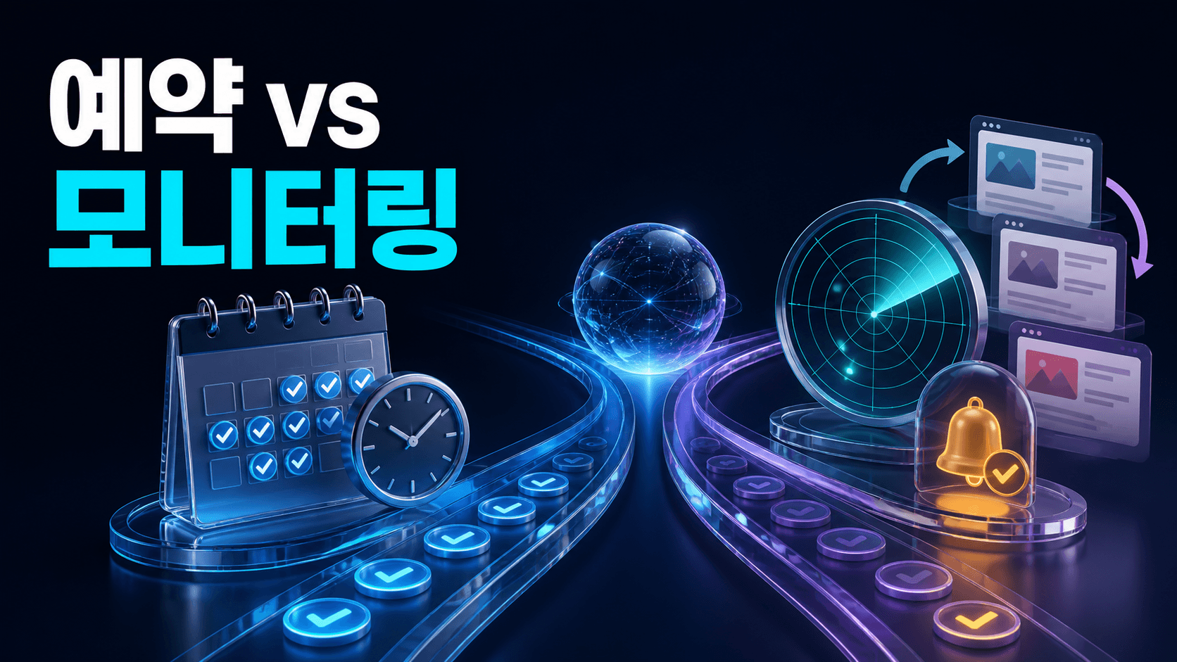 달력과 시계로 표현한 ChatGPT 예약 작업과 웹페이지 변화 및 알림으로 표현한 모니터링 작업을 비교한 IT 매거진 썸네일