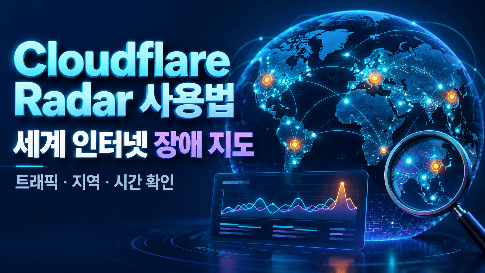 세계 지도와 네트워크 연결·주의 표시·트래픽 그래프로 Cloudflare Radar 인터넷 장애 조사를 표현한 개념 일러스트