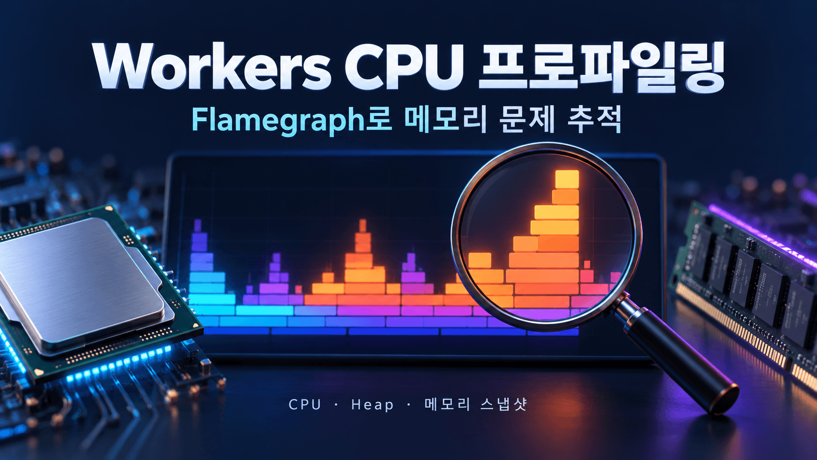 CPU와 메모리 칩 사이의 Flamegraph를 돋보기로 분석하는 Workers 프로파일링 개념 이미지