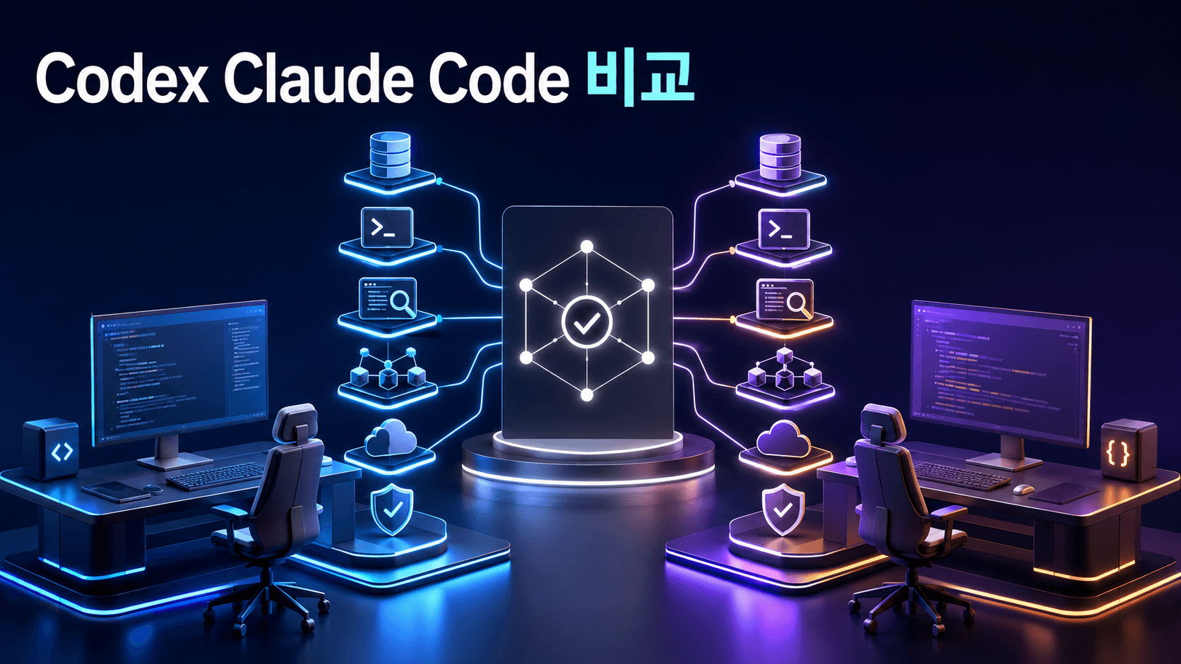 AI 개발 에이전트 Codex와 Claude Code의 저장소·클라우드·터미널·보안 작업 흐름을 비교한 썸네일