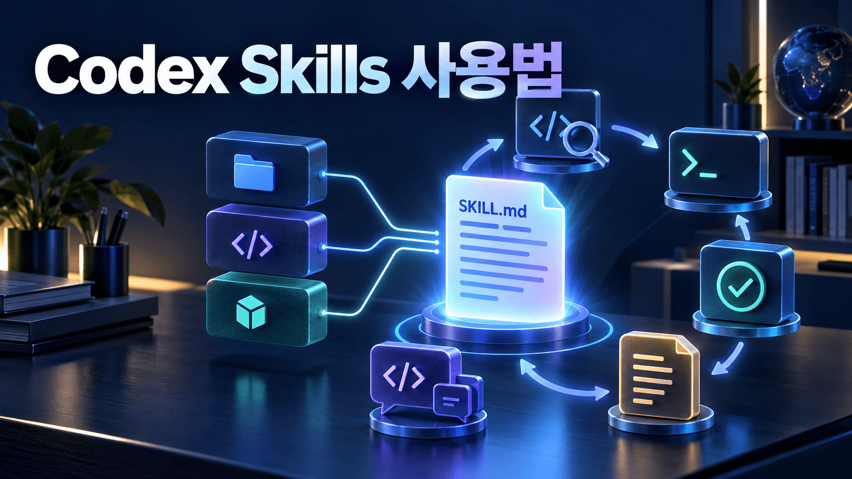 Codex Skills의 SKILL.md를 중심으로 코드 분석, 터미널 실행, 테스트, 검토와 문서화가 반복되는 개발 자동화 썸네일