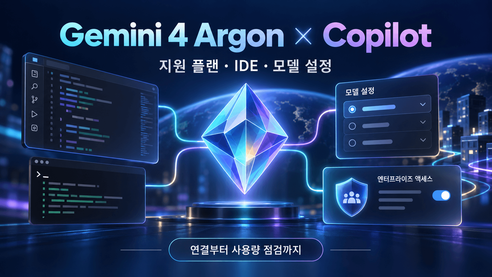코드 편집기와 터미널을 Gemini 4 Argon 모델 선택 카드에 연결하고 지원 플랜·IDE 설정을 표현한 개념 이미지
