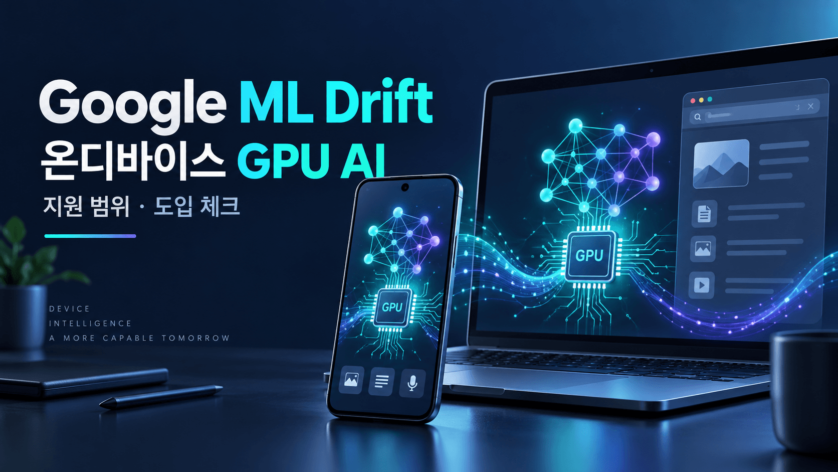 스마트폰·노트북 내부의 GPU 칩이 신경망과 브라우저 패널로 연결돼 ML Drift 온디바이스 추론을 표현한 개념 일러스트