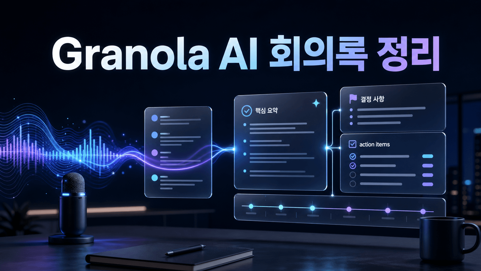 회의 음성 파형이 핵심 요약, 결정 사항과 실행 항목이 담긴 Granola AI 회의록으로 정리되는 모습을 표현한 썸네일