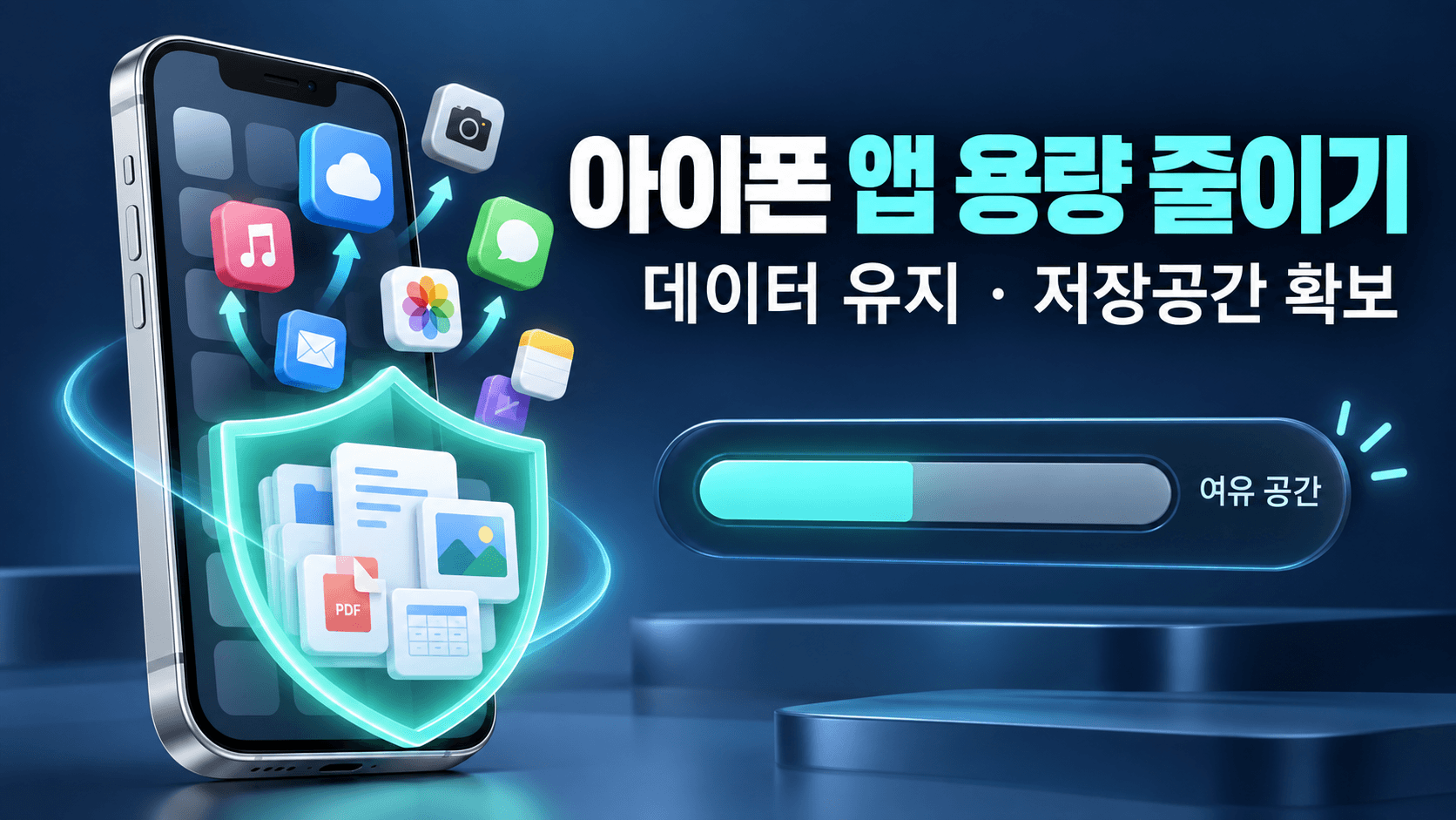 아이폰 앱 설치 공간을 줄이고 문서 데이터를 보존하는 과정을 표현한 설명용 일러스트. 실제 설정 화면이 아닙니다.