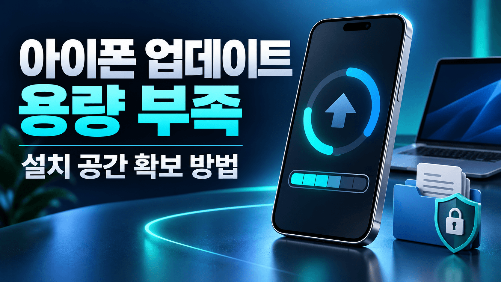 아이폰 업데이트와 설치 공간 확보를 표현한 설명용 일러스트. 실제 iOS 화면이나 업데이트 성공 사례가 아닙니다.