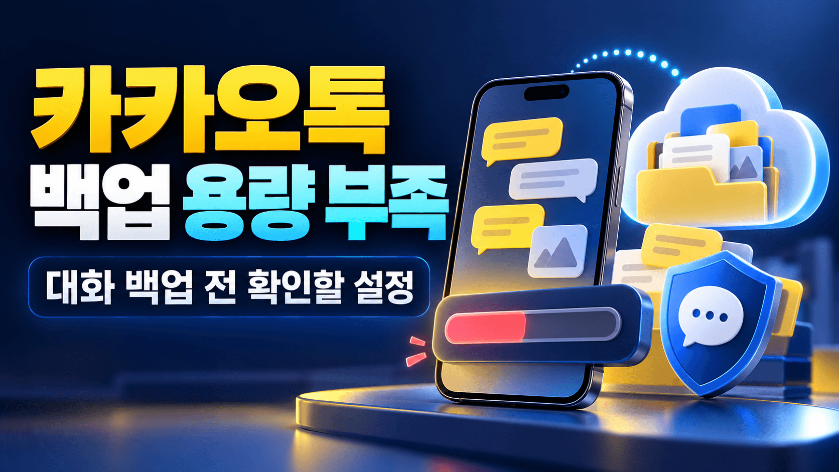 휴대폰과 클라우드 저장공간을 구분하고 대화를 보호하는 카카오톡 백업 점검 설명용 일러스트. 실제 앱 화면이 아닙니다.