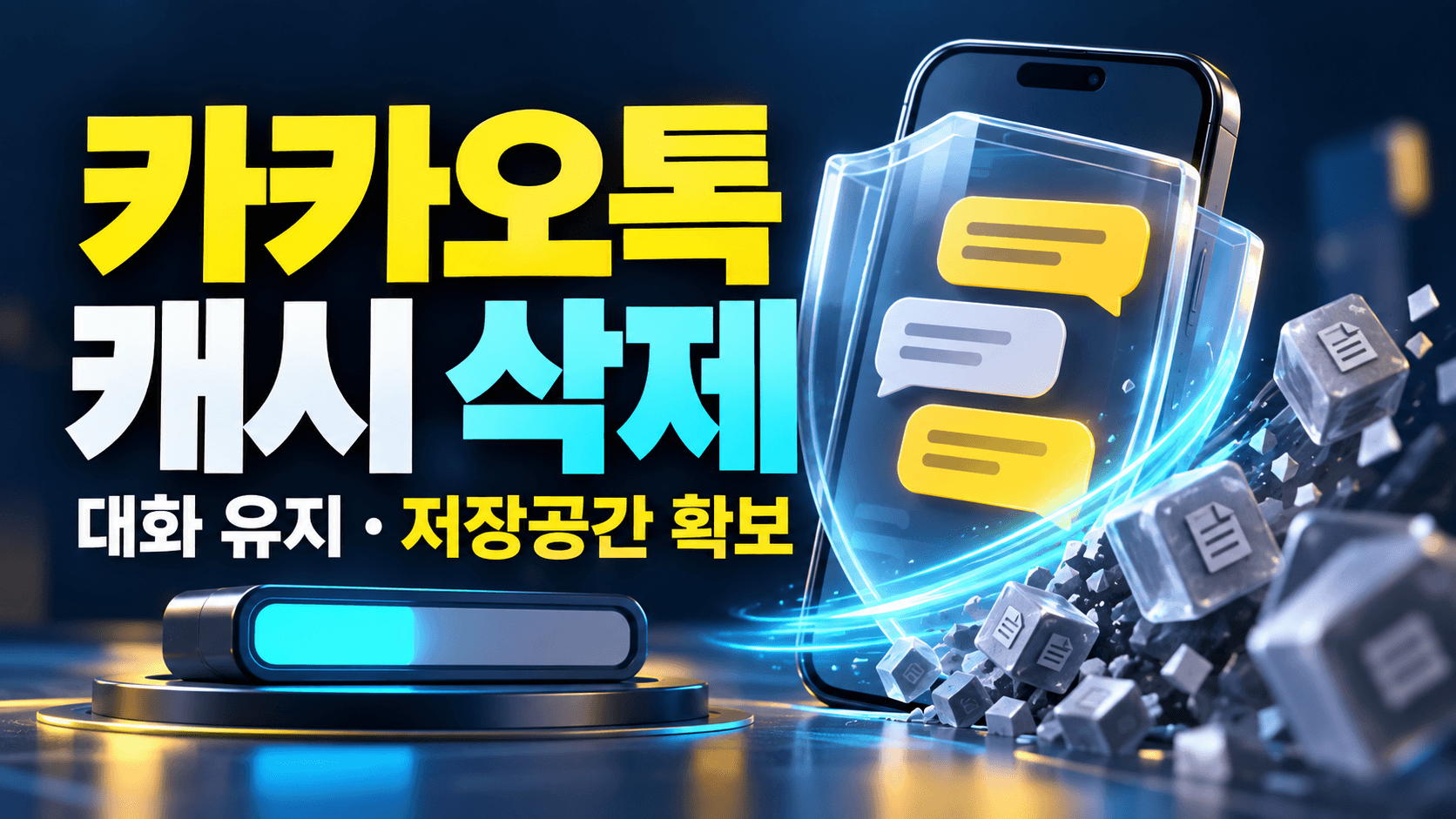 보호된 대화 말풍선과 정리되는 임시 데이터로 카카오톡 캐시 삭제를 표현한 설명용 일러스트. 실제 앱 화면이 아닙니다.