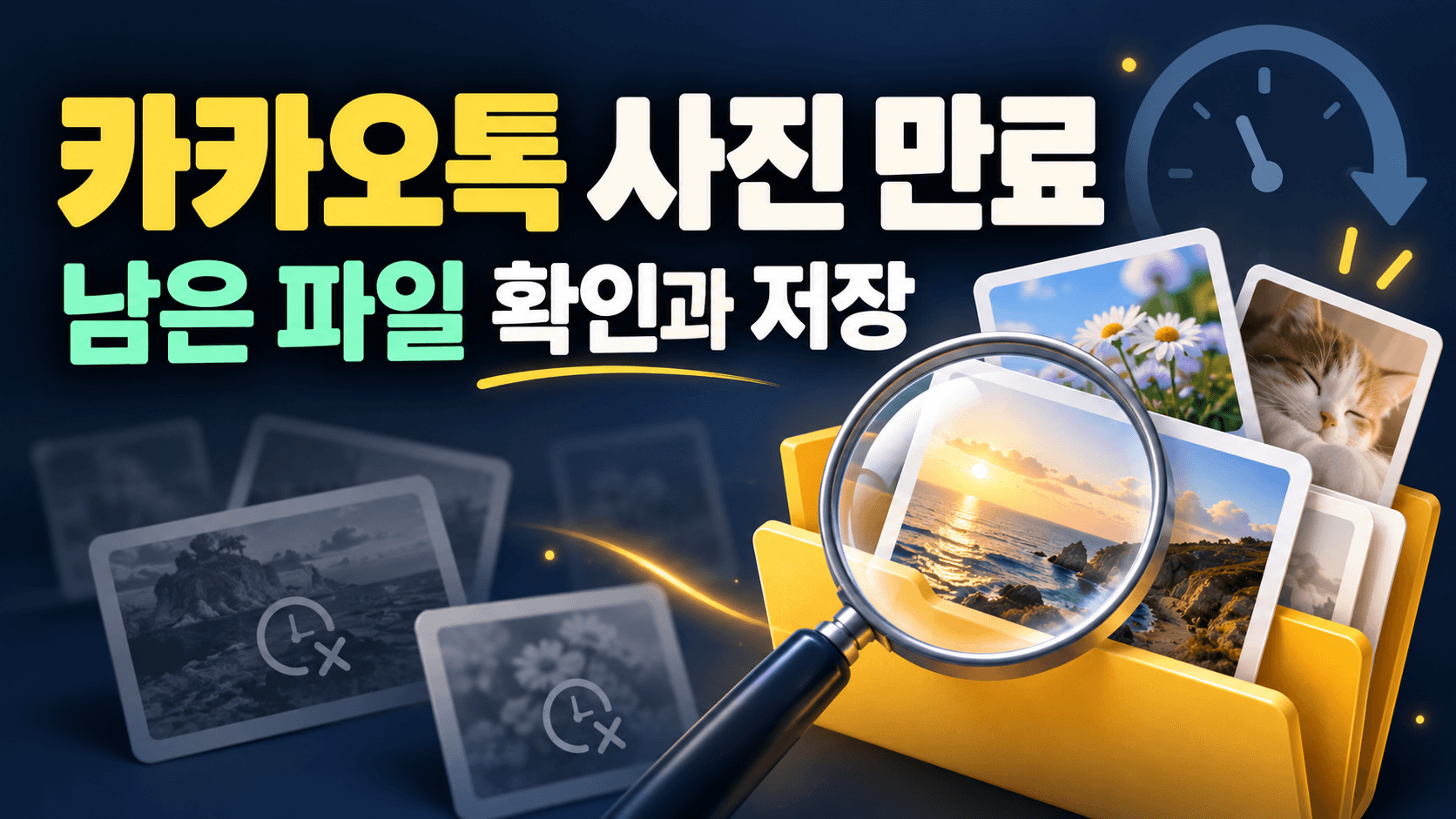 카카오톡 사진 만료 후 남은 파일을 확인하고 저장하는 과정을 돋보기와 사진 보관 폴더로 표현한 설명용 일러스트. 실제 복구 화면이 아닙니다.