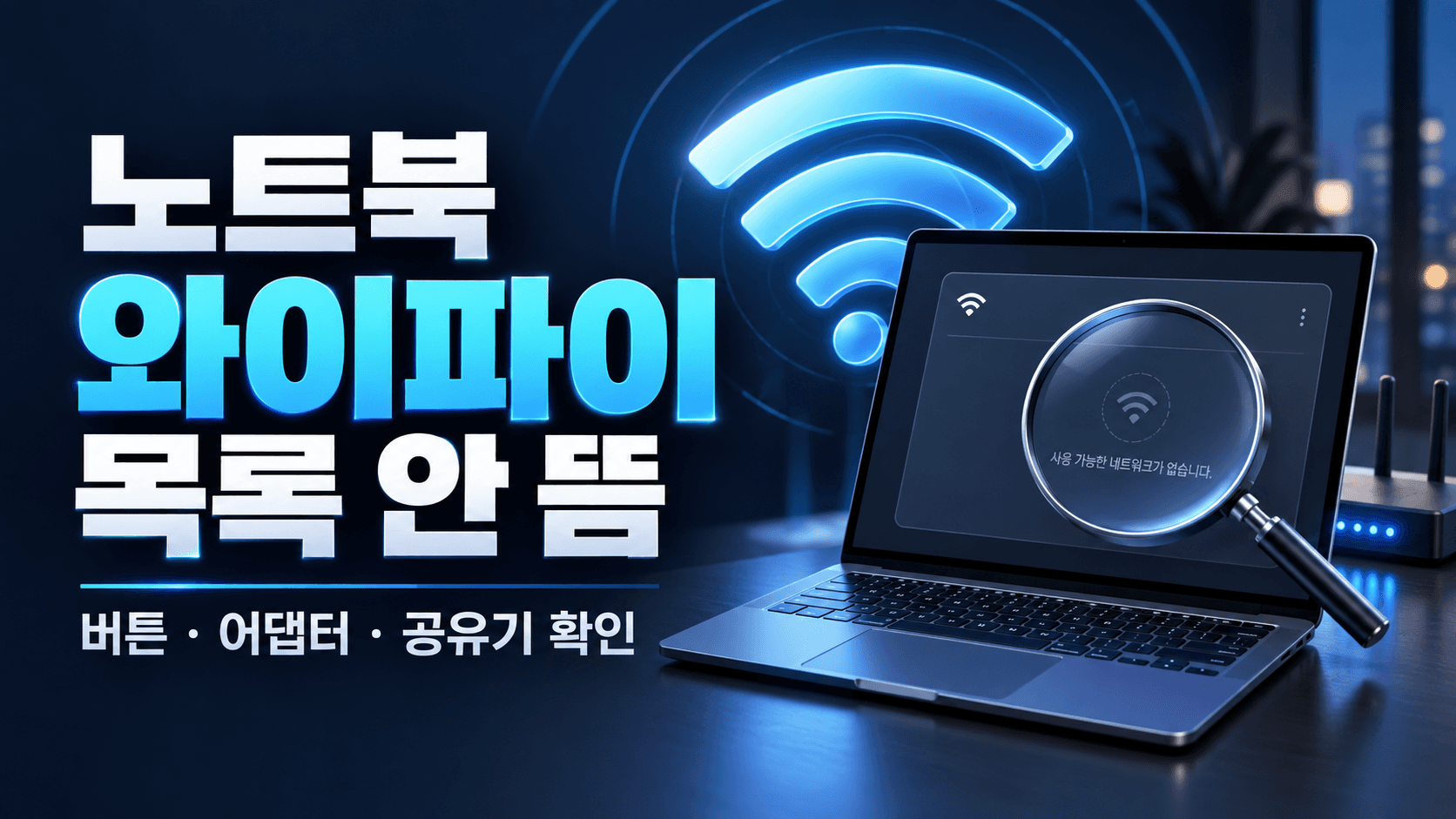 노트북의 빈 무선 네트워크 패널과 돋보기로 Wi-Fi 목록 검색 문제를 표현한 설명용 일러스트