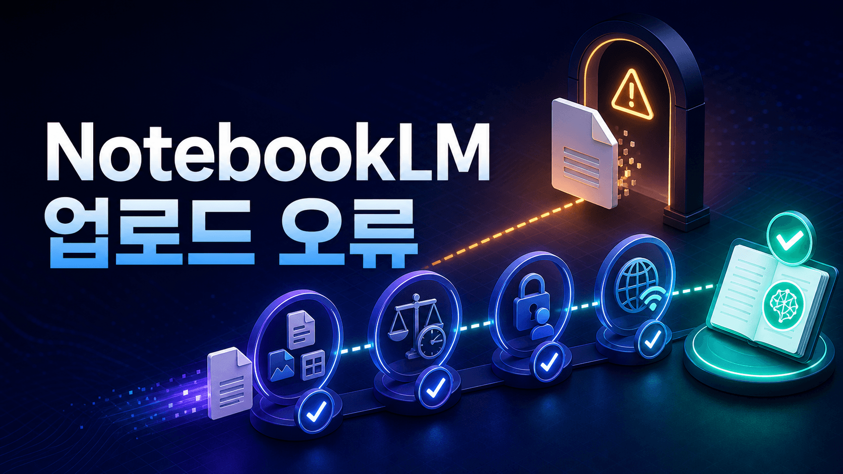 NotebookLM 파일 업로드 오류를 형식·용량·권한·네트워크 순서로 해결하는 방법을 표현한 썸네일