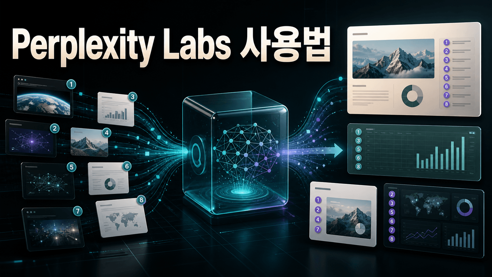 여러 웹 출처와 인용 자료가 Perplexity Labs를 거쳐 보고서, 표, 프레젠테이션과 대시보드로 완성되는 과정을 표현한 썸네일