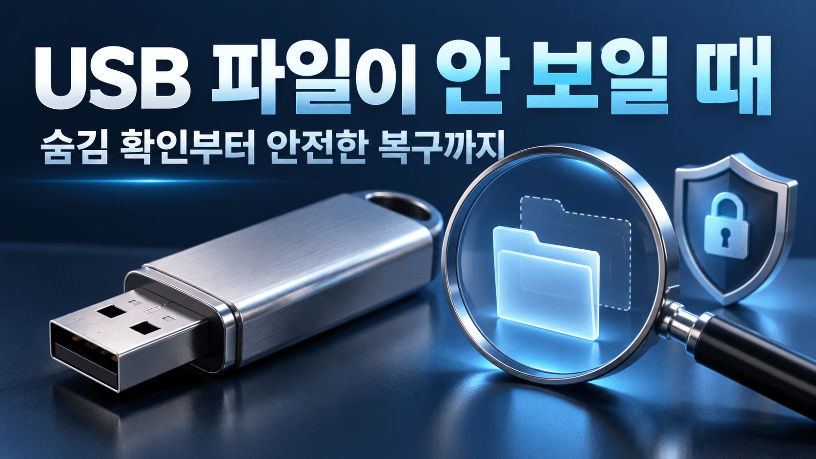 USB 메모리와 돋보기 아래 숨겨진 폴더, 보호 방패를 표현한 파일 확인·복구 안내 일러스트