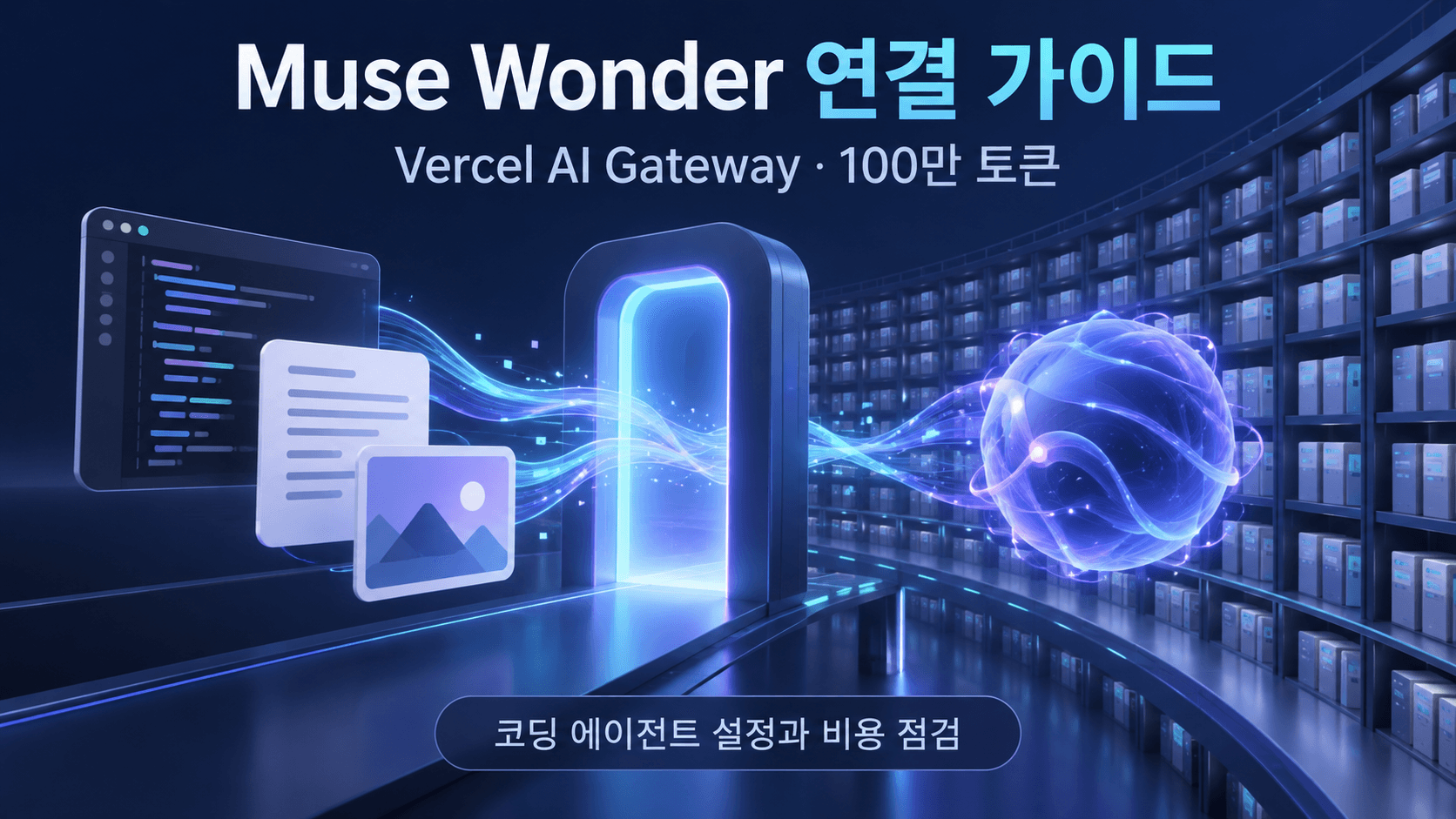 코드·이미지·문서를 Vercel AI Gateway를 통해 Muse Wonder 모델에 연결하는 100만 토큰 컨텍스트 개념 이미지
