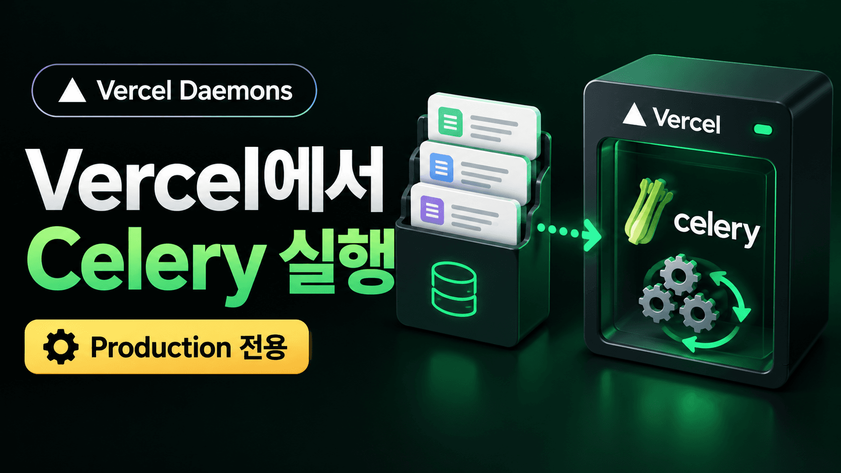 Vercel에서 Celery 실행 문구와 Production 전용 표식, 외부 큐의 작업을 처리하는 Daemons 컨테이너를 표현한 개념 썸네일