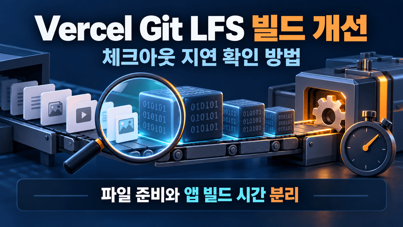 저장소 파일과 대형 LFS 자산이 체크아웃 단계를 거쳐 빌드로 이동하며 준비 시간을 분석하는 개념 이미지