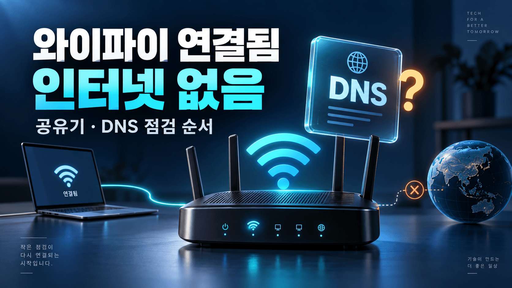 공유기와 DNS 점검 패널로 와이파이 연결 후 인터넷 없음 문제를 표현한 설명용 일러스트