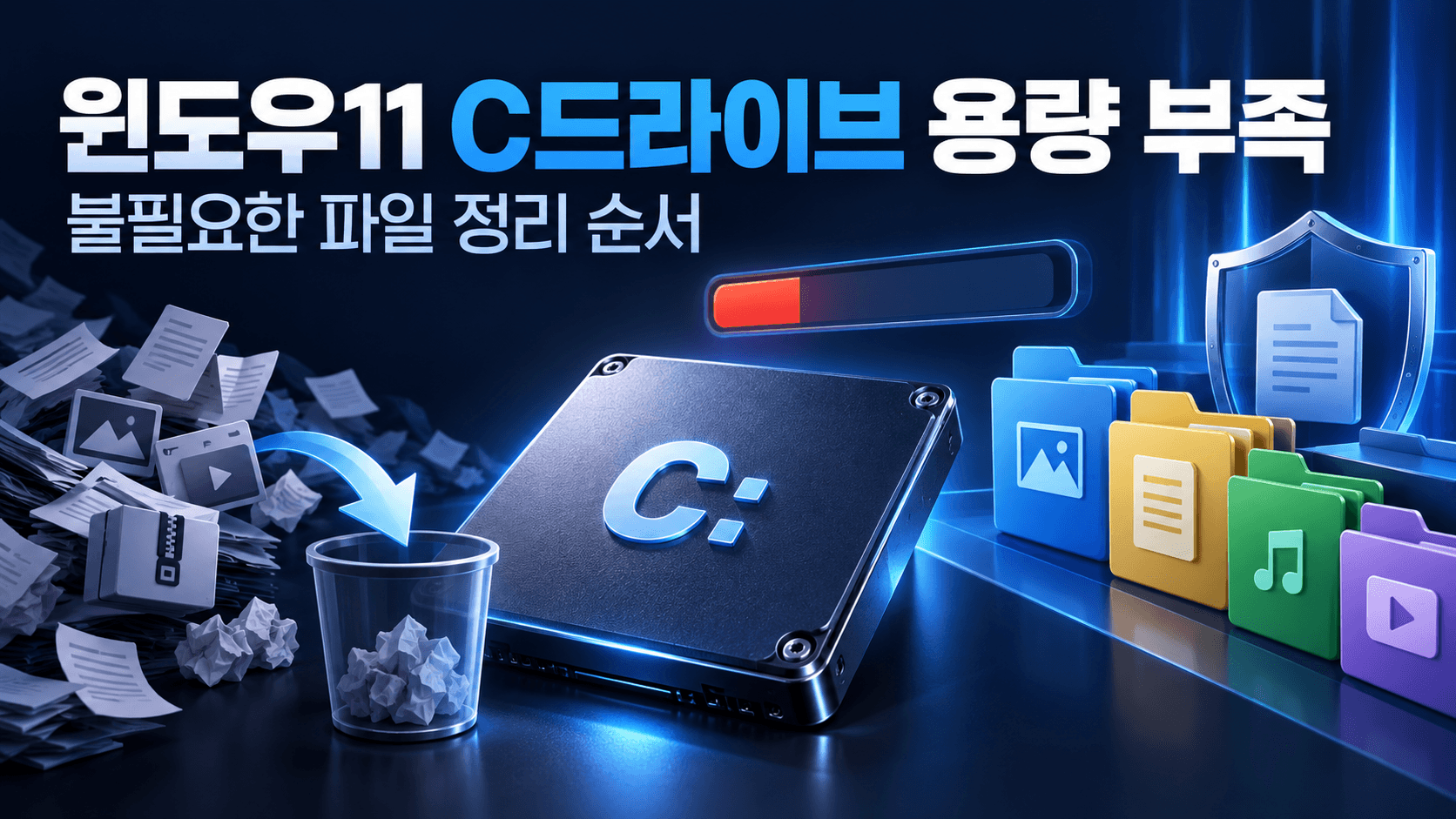 C드라이브와 분류된 파일, 보호 방패로 윈도우11 저장공간 정리를 표현한 일러스트. 실제 설정 화면이 아닙니다.