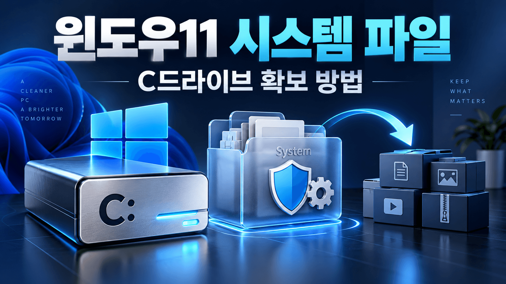 보호 방패가 있는 시스템 폴더와 C드라이브로 Windows 11 시스템 파일 정리를 표현한 설명용 일러스트. 실제 설정 화면이 아닙니다.