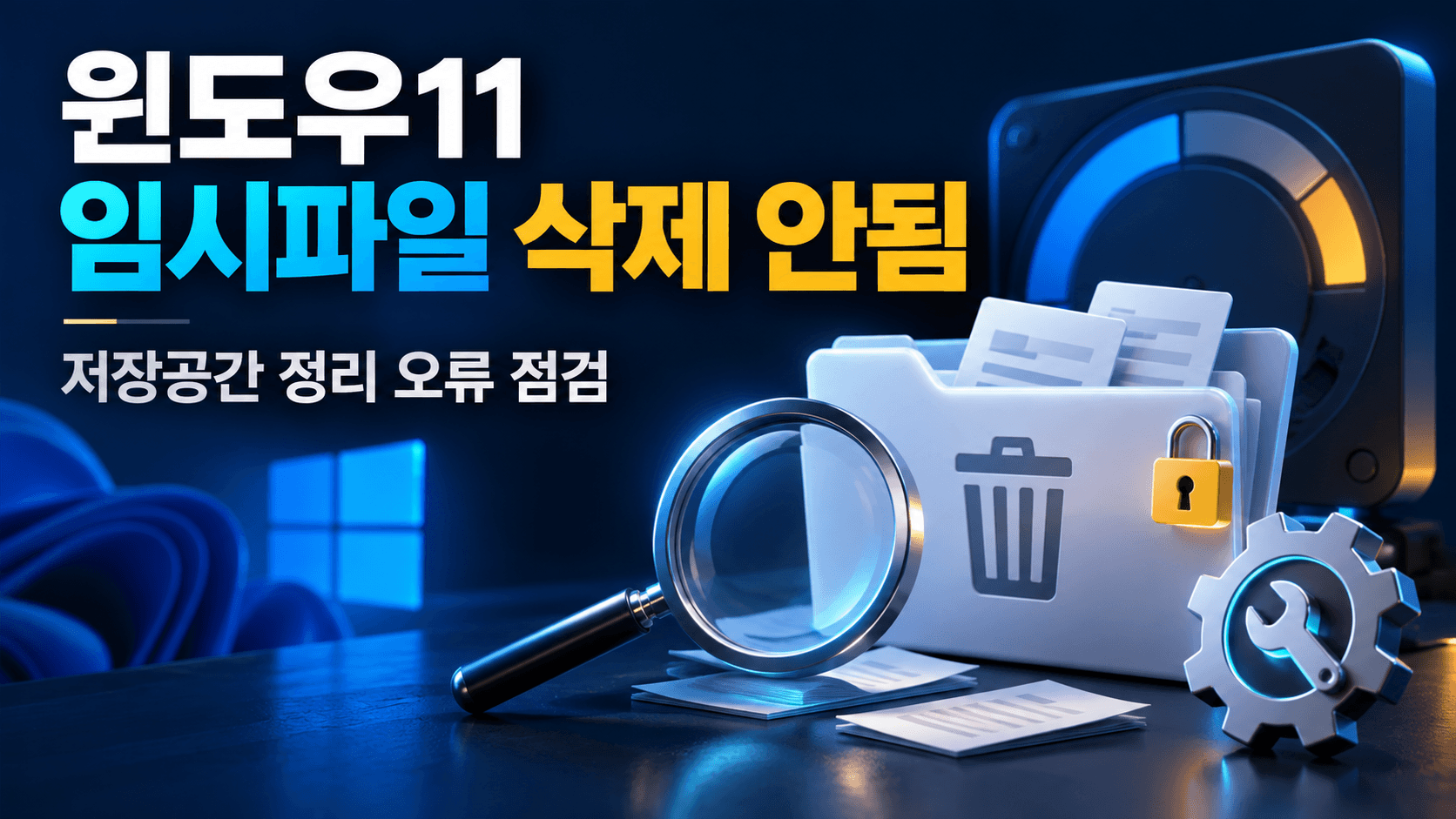 잠긴 임시 파일 폴더와 돋보기·수리 도구로 Windows 11 저장공간 정리 오류 점검을 표현한 일러스트. 실제 오류 화면이 아닙니다.