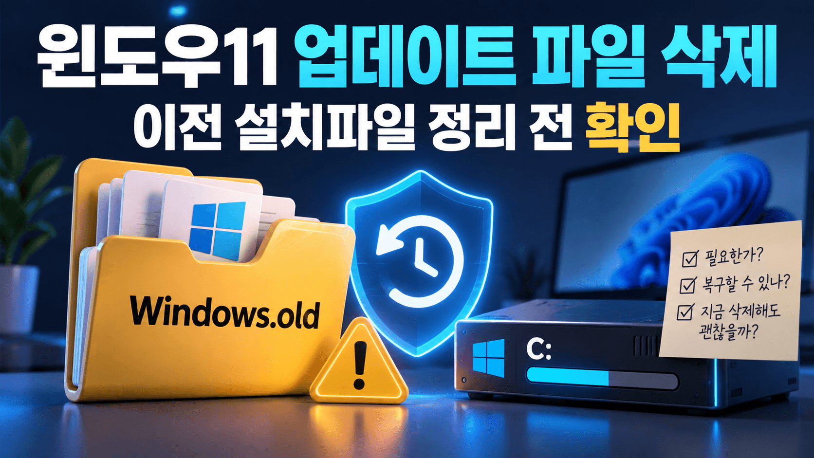 Windows.old 폴더와 되돌리기 방패, 확인 메모로 이전 설치파일 삭제 전 판단을 표현한 설명용 일러스트. 실제 설정 화면이 아닙니다.