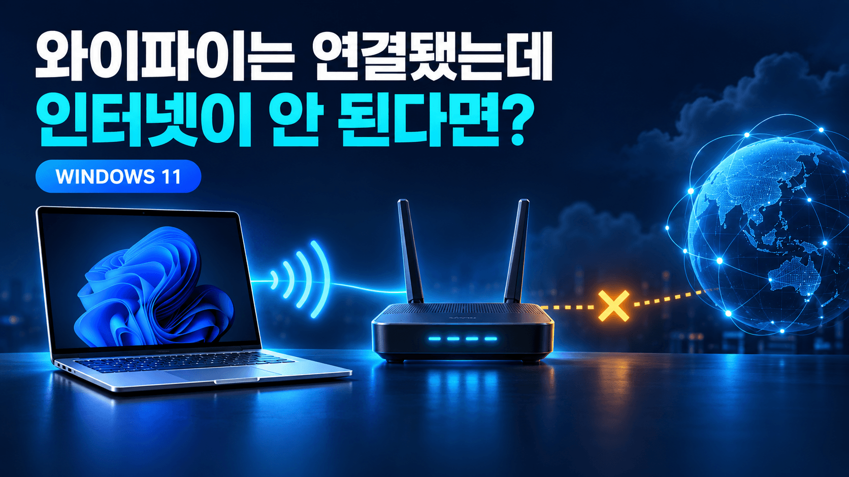 노트북과 공유기는 연결되지만 인터넷 구간은 끊긴 상태를 표현한 Windows 11 문제 해결 일러스트. 실제 설정 화면이 아닙니다.